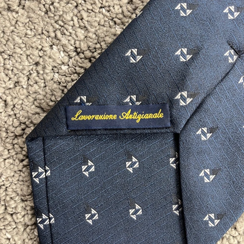 Italian Silk Tie Mens Navy Blue Geometric 100% Pure Silk Made in Italy Necktie